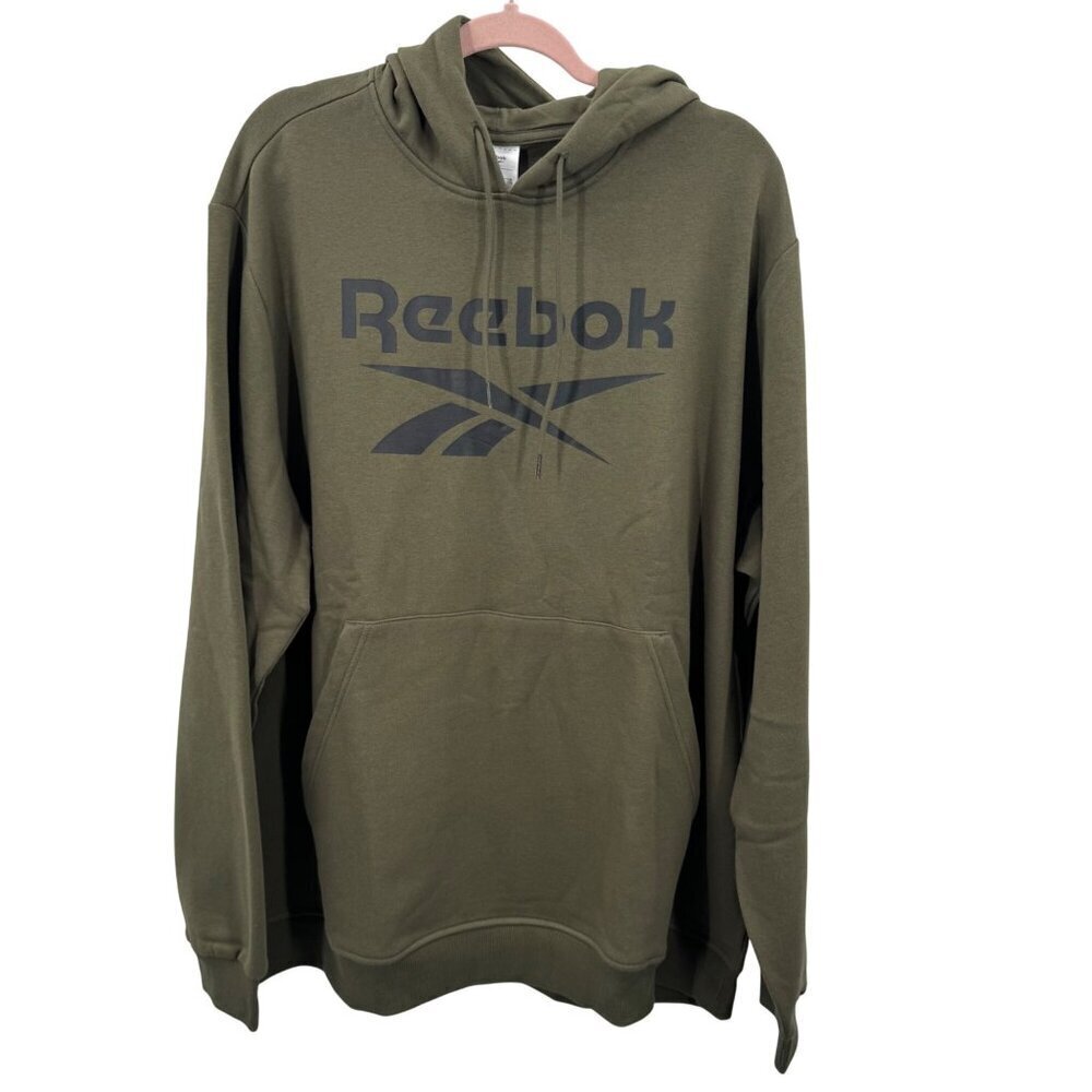 Reebok Mens Olive Green Logo Fleece Hoodie Sweatshirt Pullover With Drawstring
